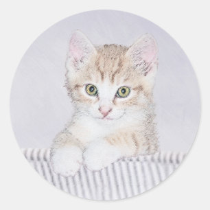 Pegatina Redonda Naranja Tabby Kitten Pintura - Arte Gato Original