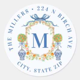 Pegatina Redonda Naranja Topiary Chinoiserie Monograma