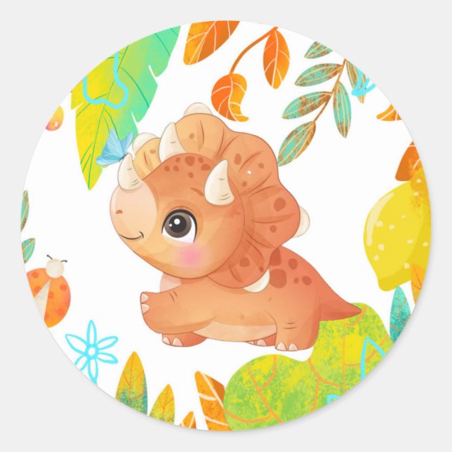 Pegatina Redonda Naranja Tropical Dinosaur Baby Shower Classic (Anverso)