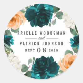 Pegatina Redonda Naranja Verde azulado Turquesa Azul Elegante Boda