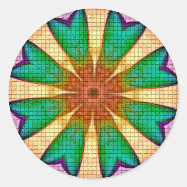 Pegatina Redonda Naranja verde morado Flor Mandala (Anverso)