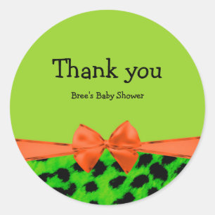 Pegatina Redonda Naranja verde y leopardo Bow Glam Fiesta impresión