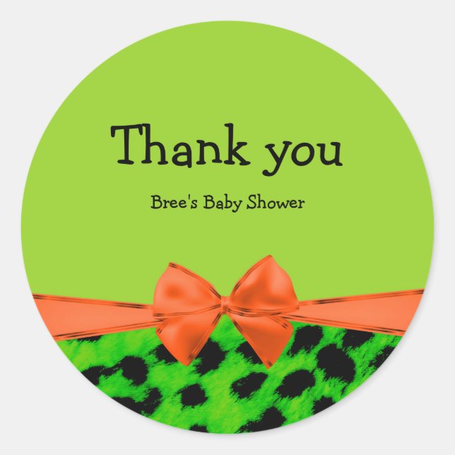 Pegatina Redonda Naranja verde y leopardo Bow Glam Fiesta impresión (Anverso)