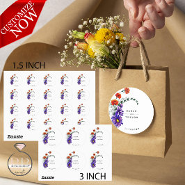 Pegatina Redonda Naranja vibrante acuarela y flores silvestres mora