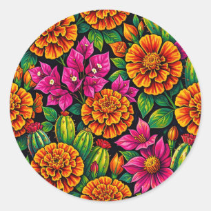 Pegatina Redonda Naranja Vibrante Magenta Marigold Cactus Tropical