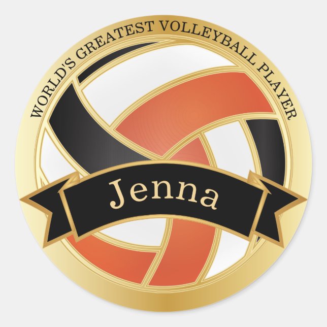 Pegatina Redonda Naranja, voleibol negro y blanco | Nombre DIY (Anverso)