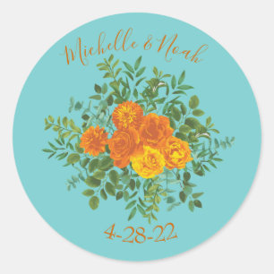 Pegatina Redonda Naranja y Aqua Boda Floral Moderna