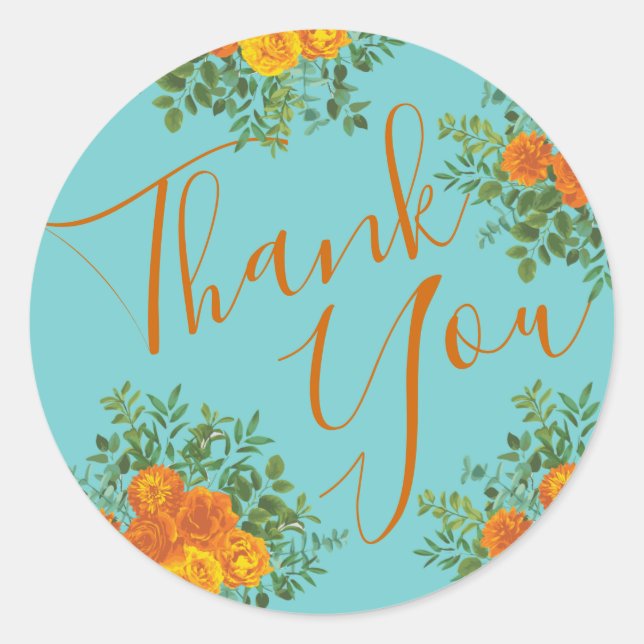 Pegatina Redonda Naranja y Aqua Boda Floral Moderna (Anverso)