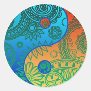 Pegatina Redonda Naranja y azul de Yin Yang con patrones