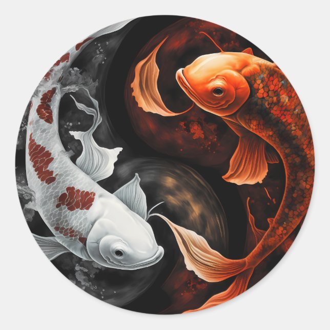 Pegatina Redonda Naranja Y Blanco Afortunado Koi Pescado Arte Japon (Anverso)
