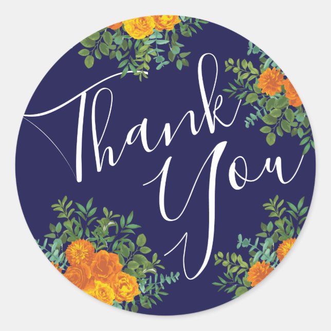 Pegatina Redonda Naranja y Boda floral Rosa Blue Peony (Anverso)