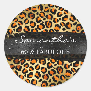 Pegatina Redonda Naranja y dorado foil leopardo 60 y fabuloso