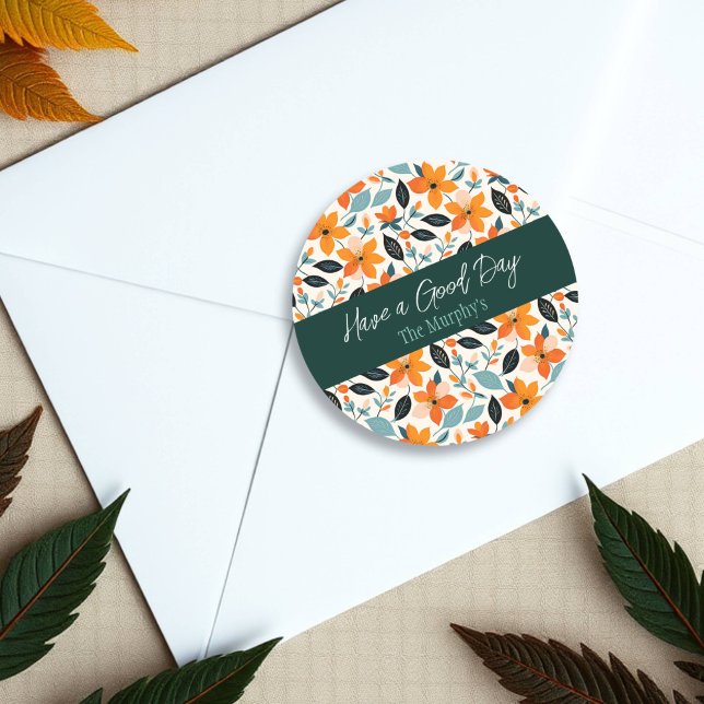 Pegatina Redonda Naranja y flor azul personalizado (Subido por el creador)