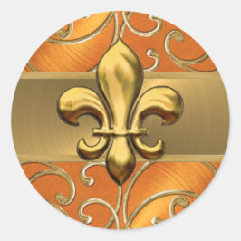 Pegatina Redonda Naranja y Gold Filigree Swirls Fleur de Lis