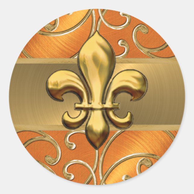 Pegatina Redonda Naranja y Gold Filigree Swirls Fleur de Lis (Anverso)