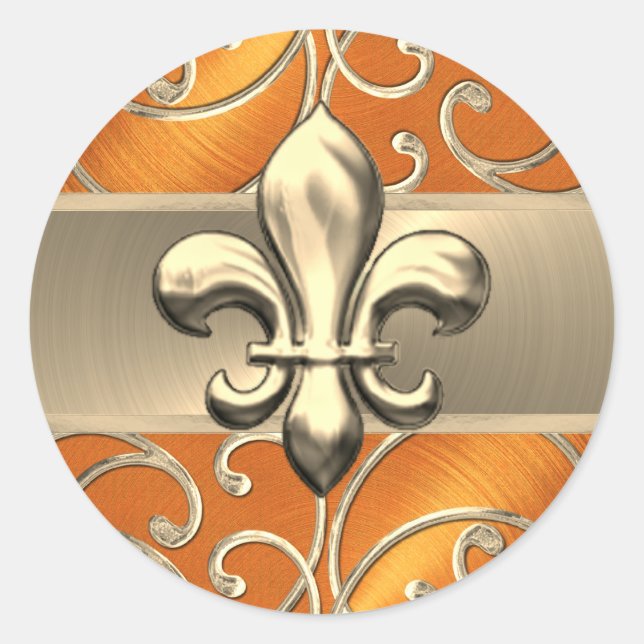 Pegatina Redonda Naranja y Gold Filigree Swirls Fleur de Lis (Anverso)