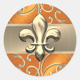 Pegatina Redonda Naranja y Gold Filigree Swirls Fleur de Lis