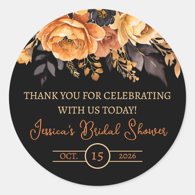 Pegatina Redonda Naranja y negro, Halloween, Floral Bridal Shower (Anverso)