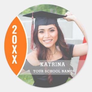 Pegatina Redonda Naranja y Personalizado de fotografía de graduació