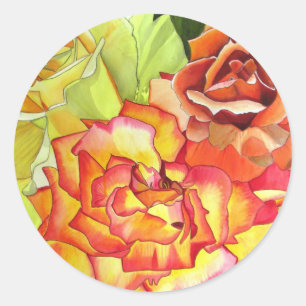 Pegatina Redonda Naranja y rosas amarillas arte acuarela