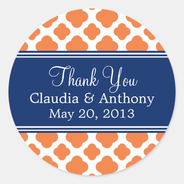 Pegatina Redonda Naranja y Royal Blue Quatrefoil (Anverso)