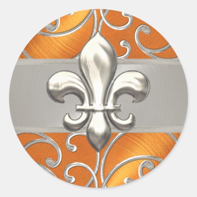 Pegatina Redonda Naranja y Silver Filigree Swirls Fleur de Lis (Anverso)