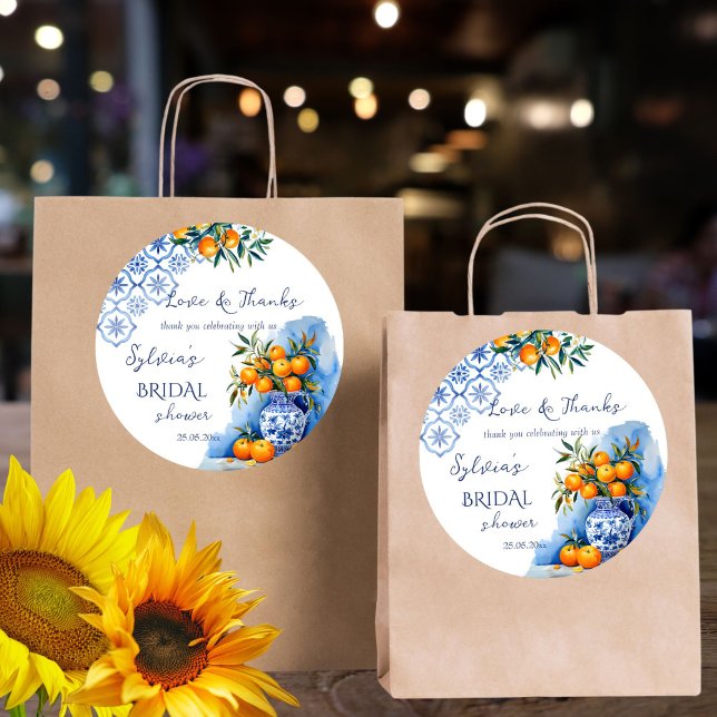Pegatina Redonda Naranjas azules Talavera regalo de ducha de boda d (Talavera blue oranges citrus Mexican Hacienda summer bridal shower thank you favor sticker template)