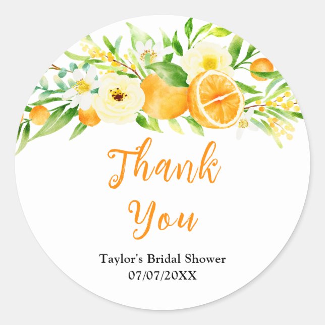 Pegatina Redonda Naranjas Citrus Bridal Shower Gracias (Anverso)