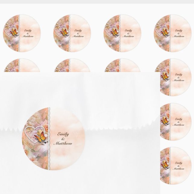 Pegatina Redonda Naranjas de Heart Pearls Rosas Butterflies Floral (Heart Pearls Orange Roses Butterflies Floral Classic Round Sticker)