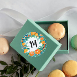 Pegatina Redonda Naranjas Monograma Círculo Navideño Adorable Acuar