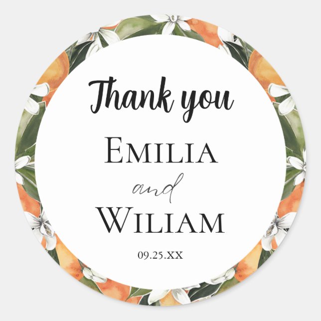 Pegatina Redonda Naranjas románticos Boda Citrus (Anverso)