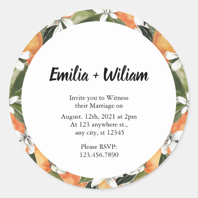 Pegatina Redonda Naranjas románticos Boda Citrus (Anverso)