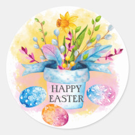 Pegatina Redonda Narcisos Amarillos Huevos Azules Rosados Feliz Pas