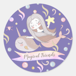 Pegatina Redonda Narval Sirena Estrella de Mar Caprichosa Púrpura