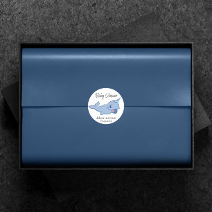 Pegatina Redonda Narwhal Blue   Bebé Adorable Kawaii Ocean Shower
