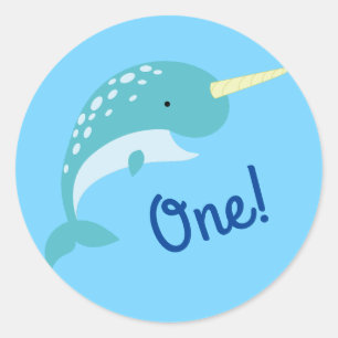 Pegatina Redonda Narwhals Ocean Cute Primer Fiesta de cumpleaños te