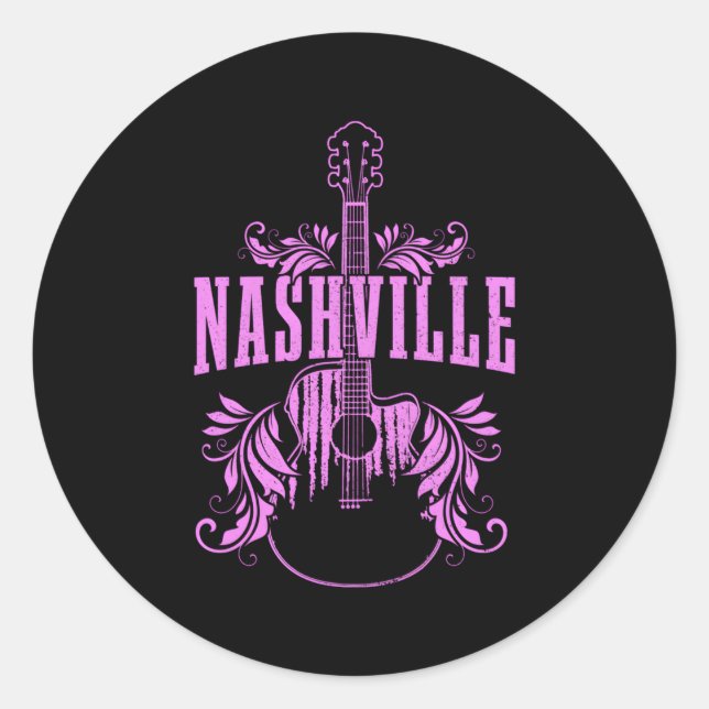 Pegatina Redonda Nashville Guitar Tennessee Country Music City (Anverso)