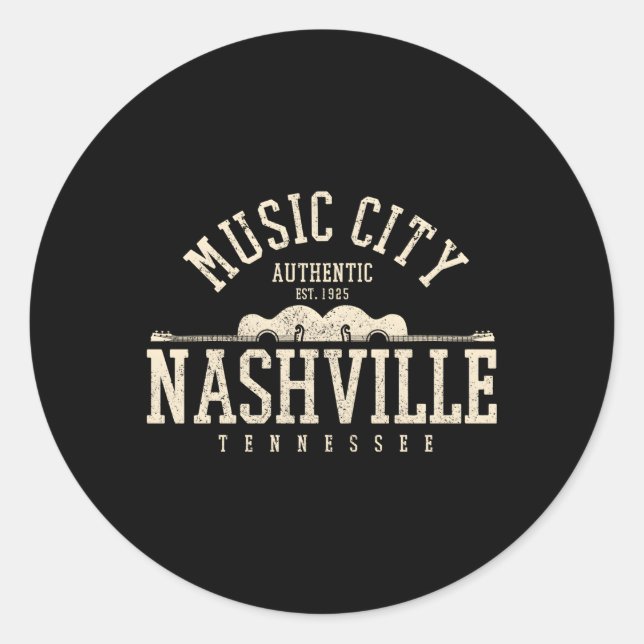 Pegatina Redonda Nashville Tennessee Country Music City Guitar (Anverso)