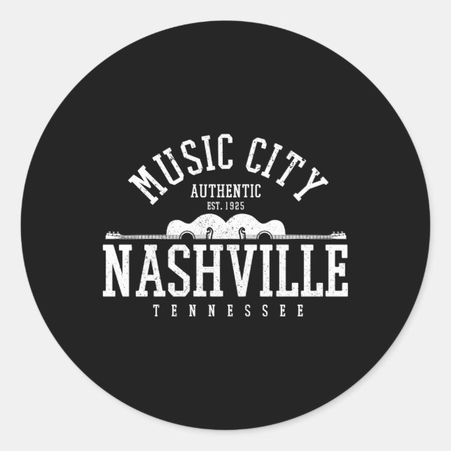 Pegatina Redonda Nashville Tennessee Country Music City Guitar (Anverso)