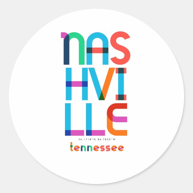 Pegatina Redonda Nashville Tennessee Mid Century, Pop Art, (Anverso)