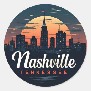 Pegatina Redonda Nashville Tennessee retro horizonte