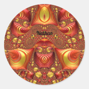 Pegatina Redonda NATHAN ~ Diseño fractal rojo marrón amarillo ~ ~