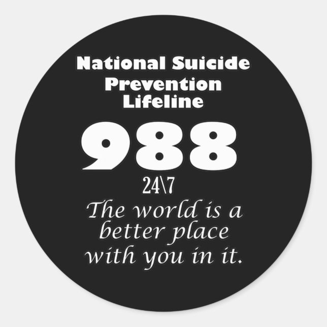 Pegatina Redonda National Suicide Prevention Lifeline 988 With Whit (Anverso)