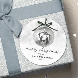 Pegatina Redonda Natividad acuarela Ornamento gris Feliz Navidad