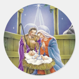 Pegatina Redonda Natividad de Jesús con José y Maria