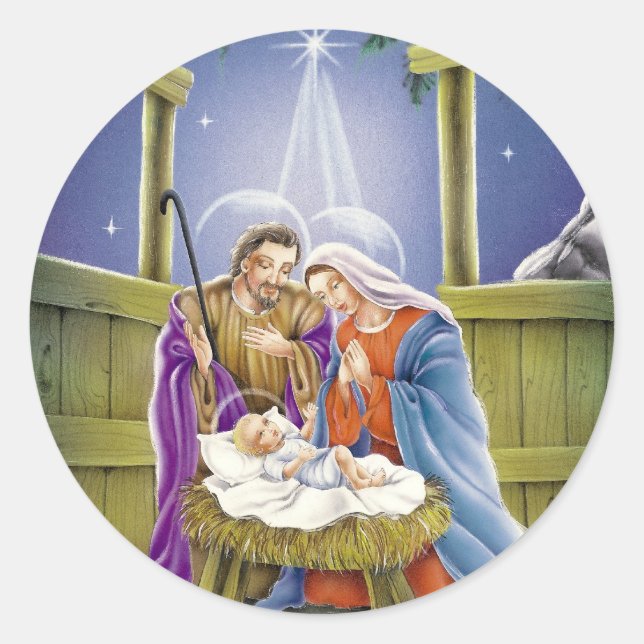 Pegatina Redonda Natividad de Jesús con José y Maria (Anverso)