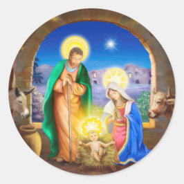 Pegatina Redonda Natividad de Jesús con Josef y María, vacas, donky