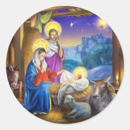 Pegatina Redonda Natividad de Jesús con Josef y María, vacas, donky