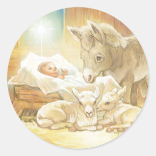 Pegatina Redonda Natividad de Jesús del bebé con los corderos y e
