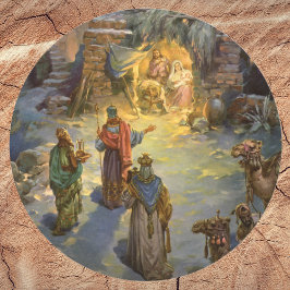Pegatina Redonda Natividad de Navidad Vintage con Magos Visitantes
